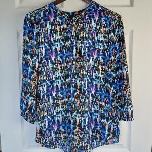NYDJ Multicolor Pintuck Henley Blouse S pleated back hidden buttons 3/4 sleeves